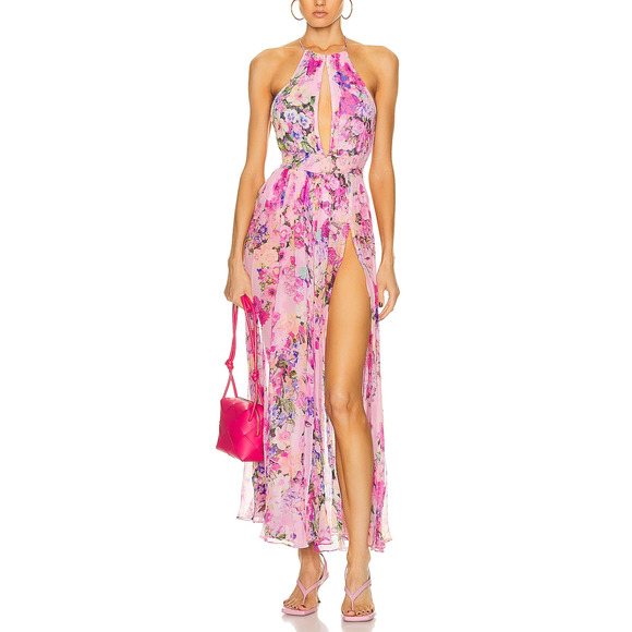 Rococo Sand 'Mist' Pink Georgette Cut Out Halter Maxi Dress Size XL